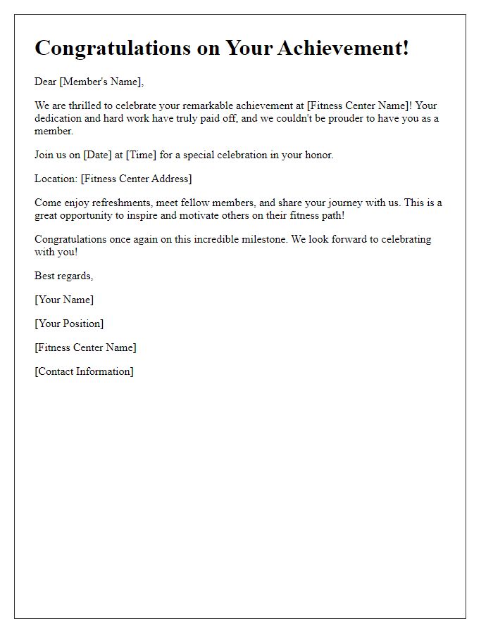 Letter template of fitness center member achievement celebration