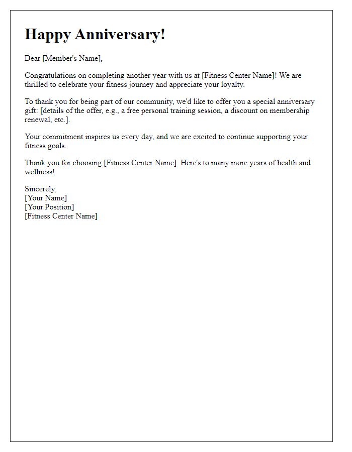 Letter template of fitness center member anniversary notice