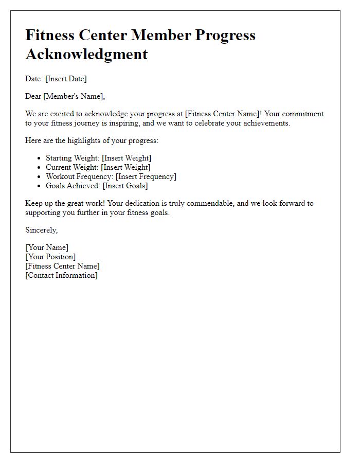 Letter template of fitness center member progress acknowledgment