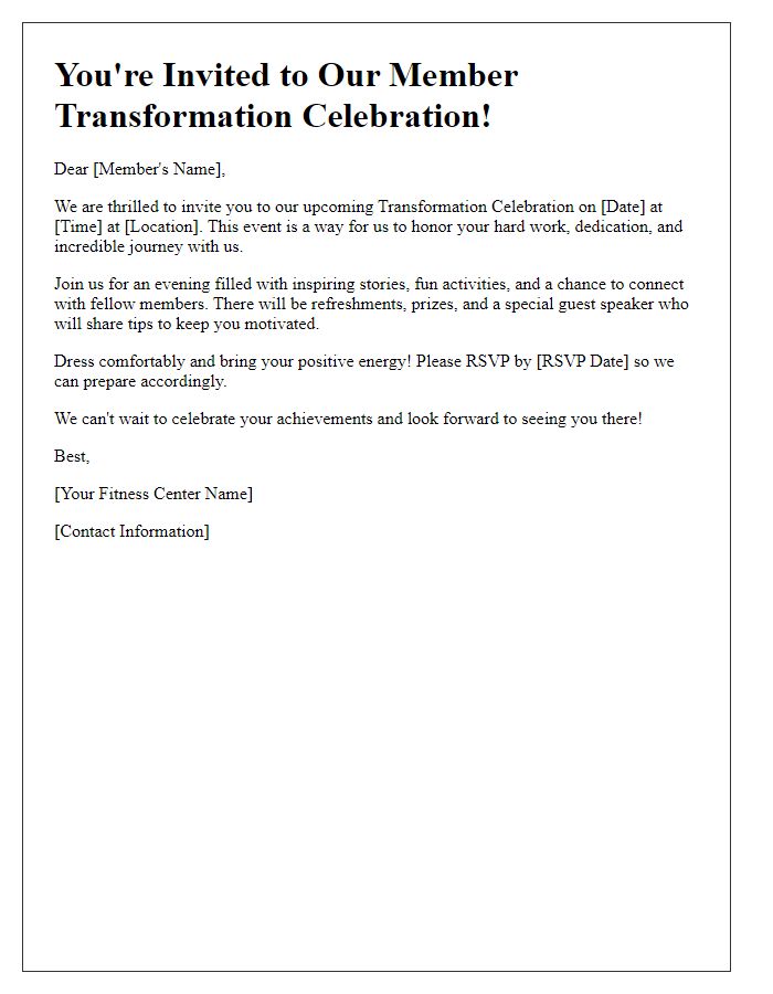 Letter template of fitness center member transformation celebration