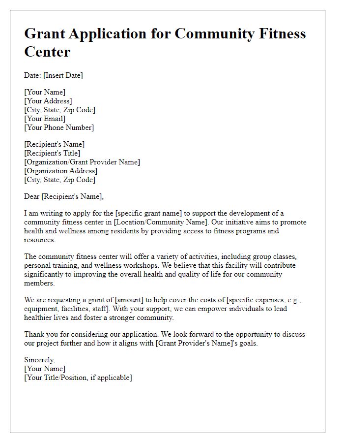 Letter template of application for community fitness center grants.