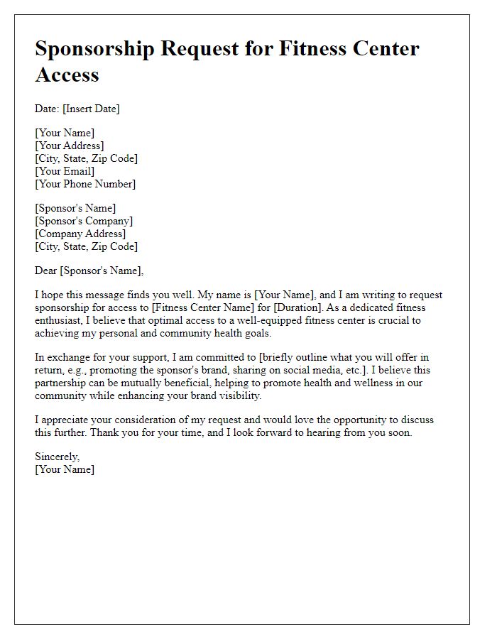 Letter template of sponsorship request for fitness center access.