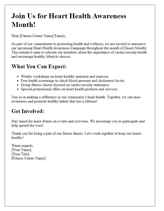 Letter template of heart health awareness campaign for fitness centers