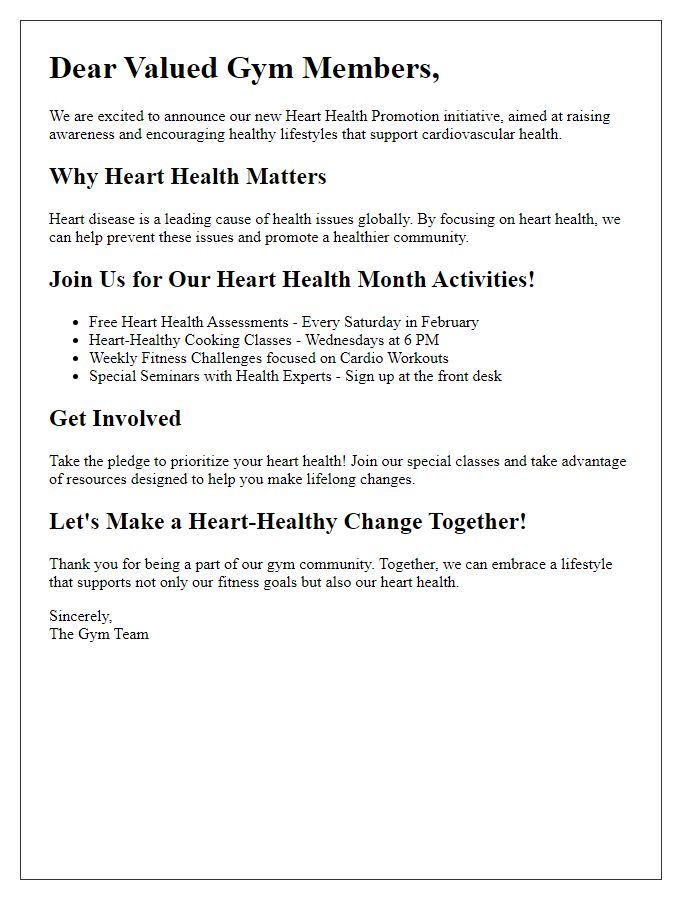 Letter template of heart health promotion for gym members