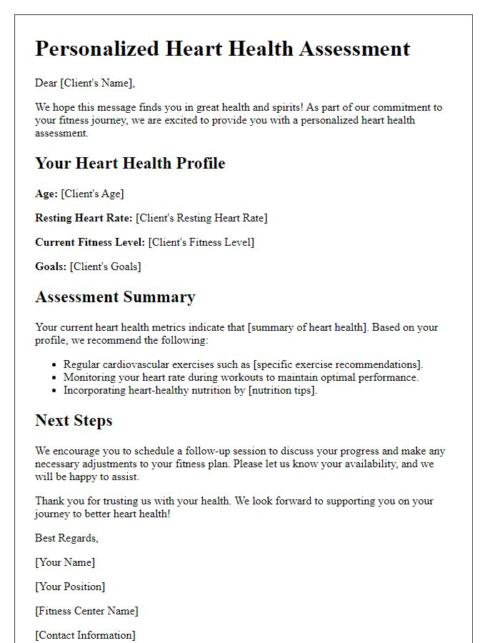 Letter template of personalized heart health assessments for fitness clients