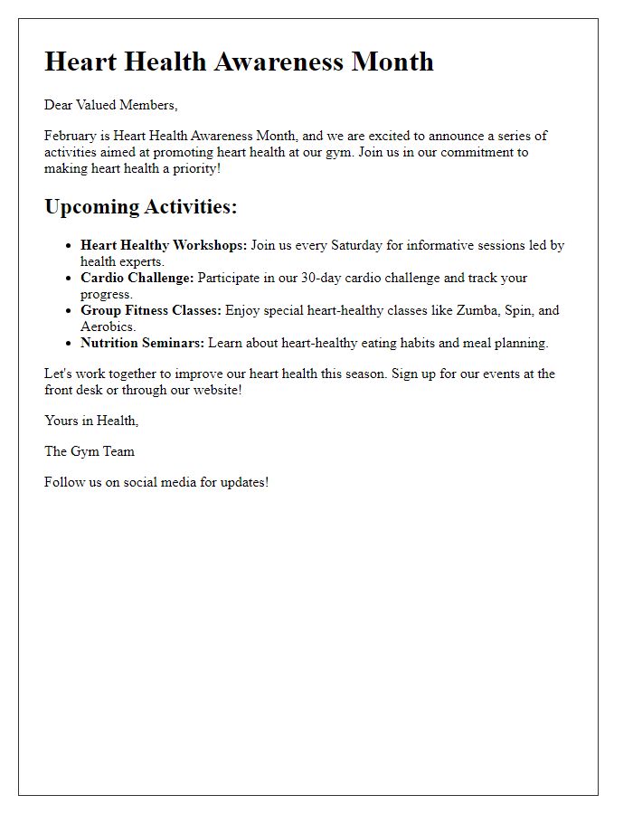 Letter template of seasonal focus on heart health activities at the gym