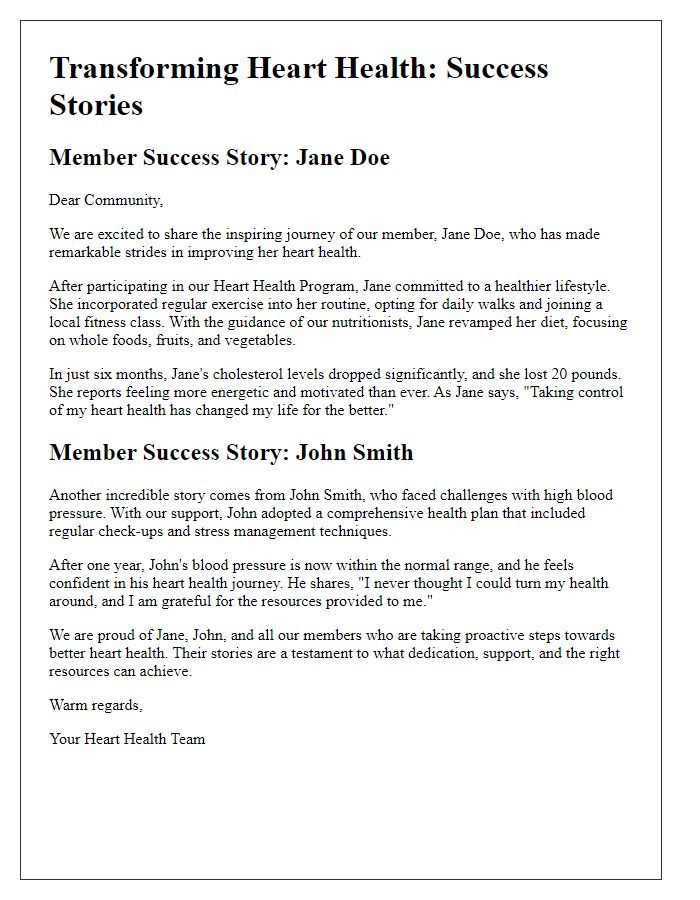 Letter template of success stories highlighting heart health improvements in members