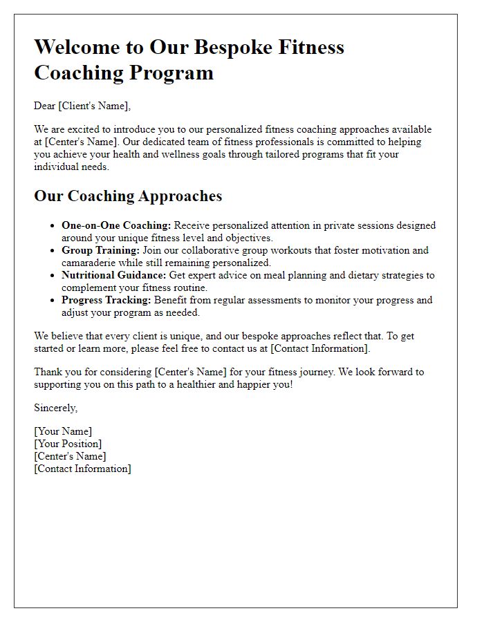 Letter template of bespoke fitness coaching approaches available at the center