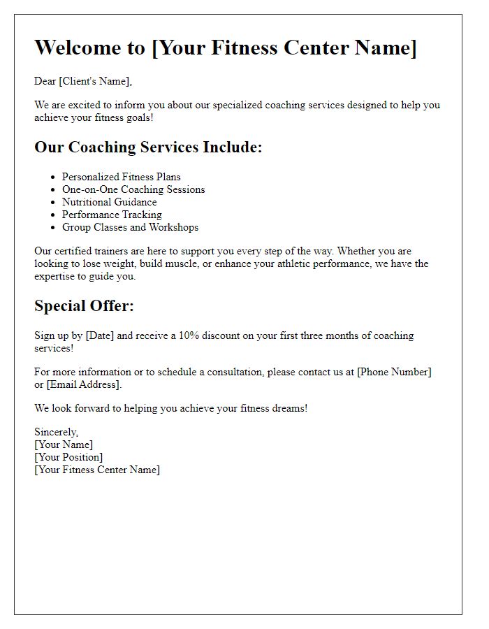 Letter template of fitness center specialized coaching services