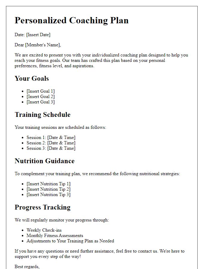 Letter template of individualized coaching plans for fitness center members