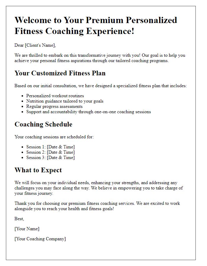 Letter template of premium personalized fitness coaching experiences