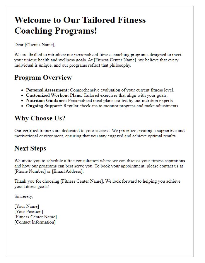 Letter template of tailored fitness center coaching programs