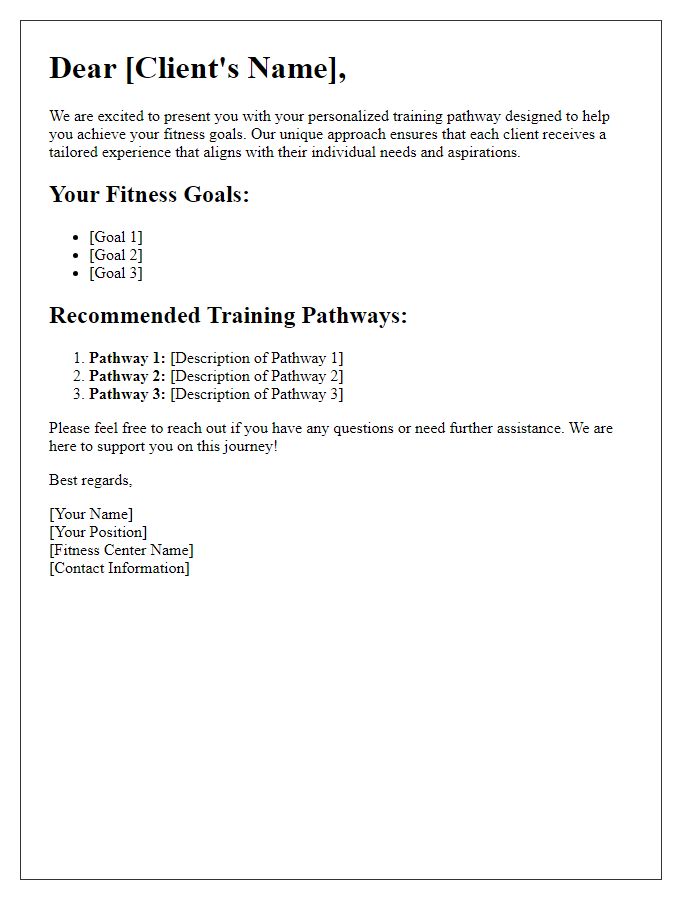 Letter template of unique training pathways designed for fitness center clients