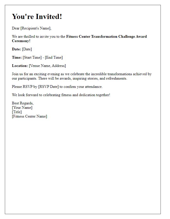 Letter template of fitness center transformation challenge award ceremony invitation