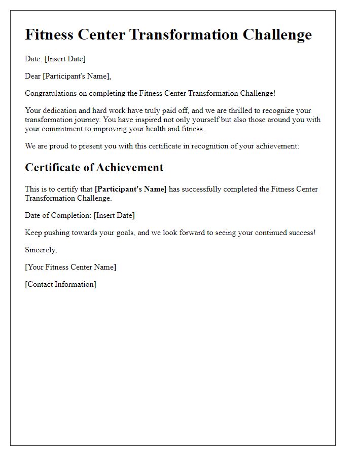 Letter template of fitness center transformation challenge participant recognition