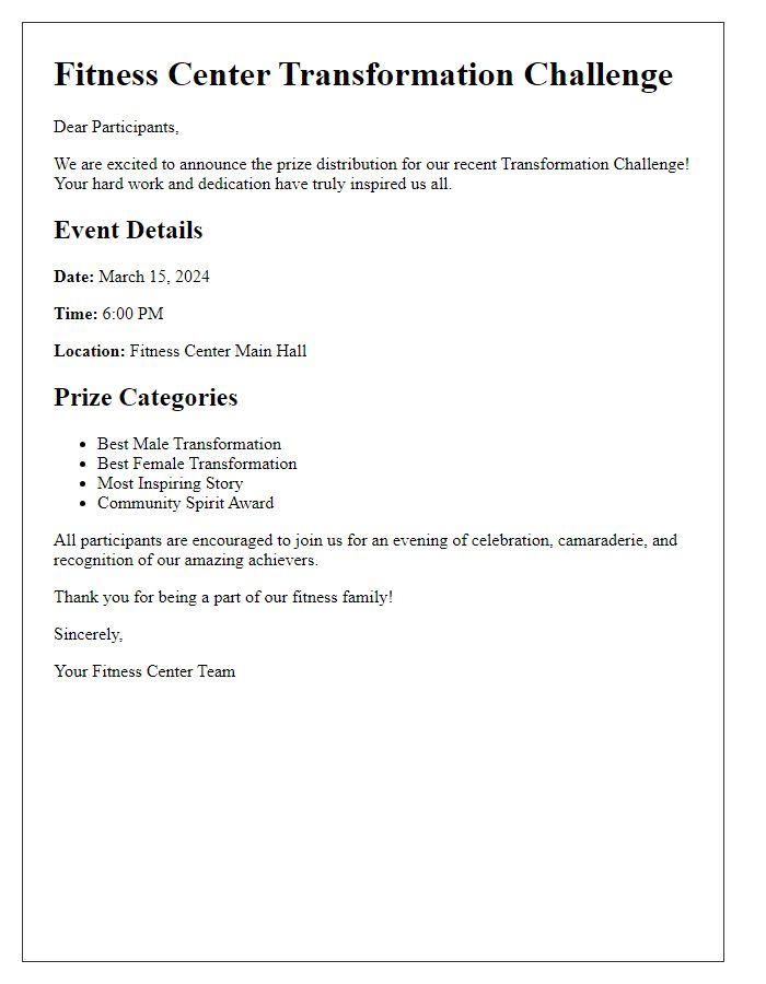 Letter template of fitness center transformation challenge prize distribution