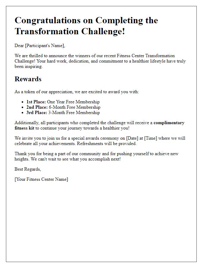 Letter template of fitness center transformation challenge reward announcement