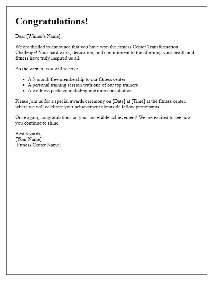 Letter template of fitness center transformation challenge winner notification