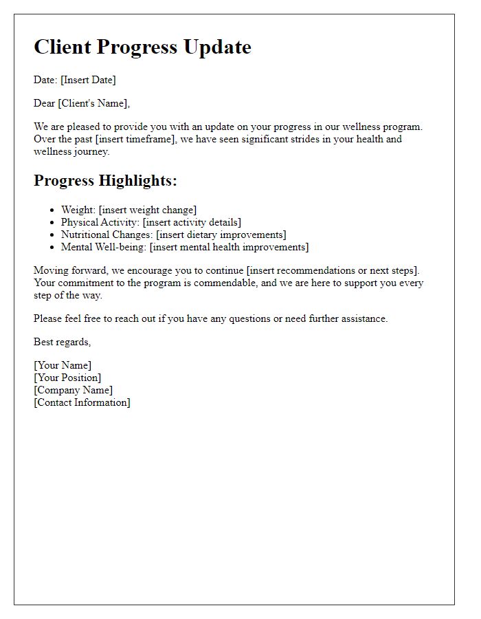 Letter template of client progress update in wellness program.