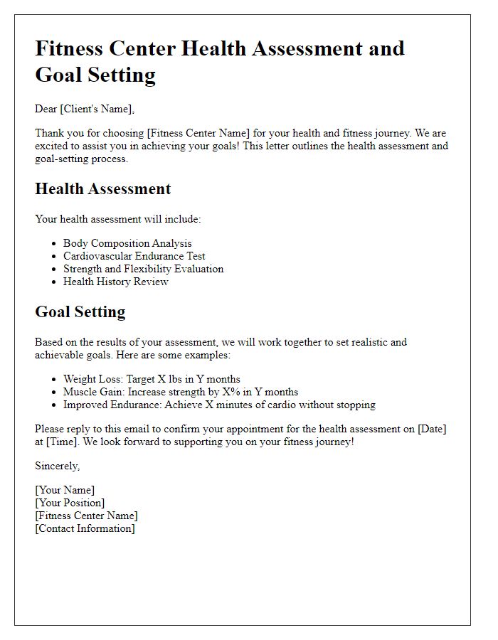 Letter template of fitness center health assessment and goal setting.