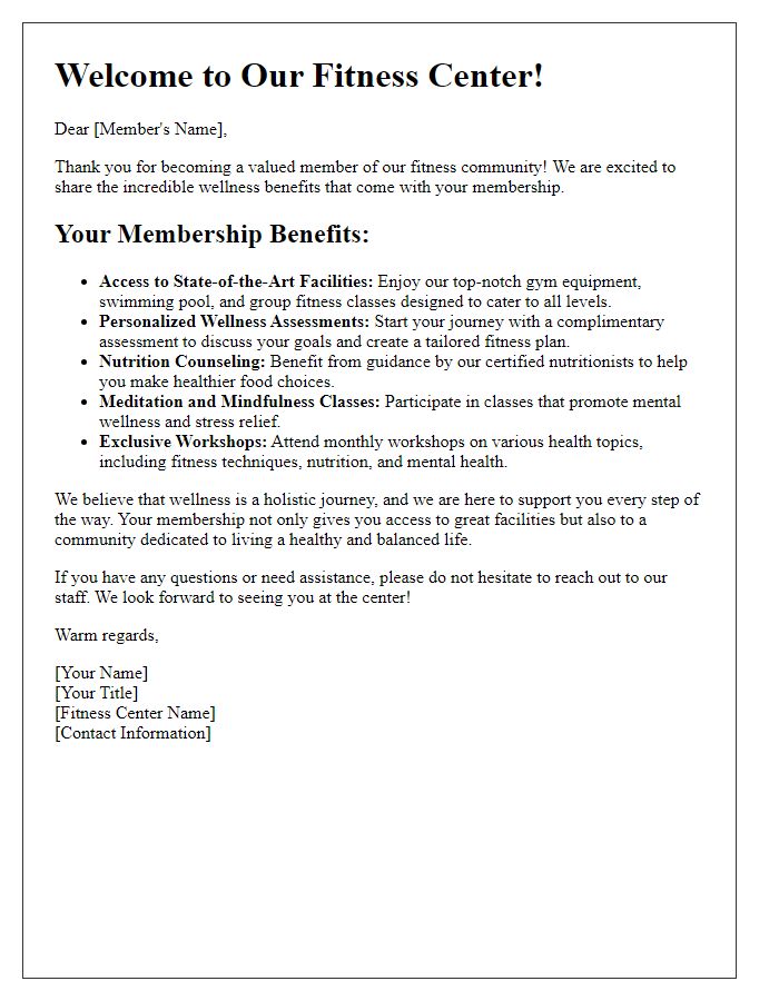 Letter template of fitness center membership benefits focusing on wellness.