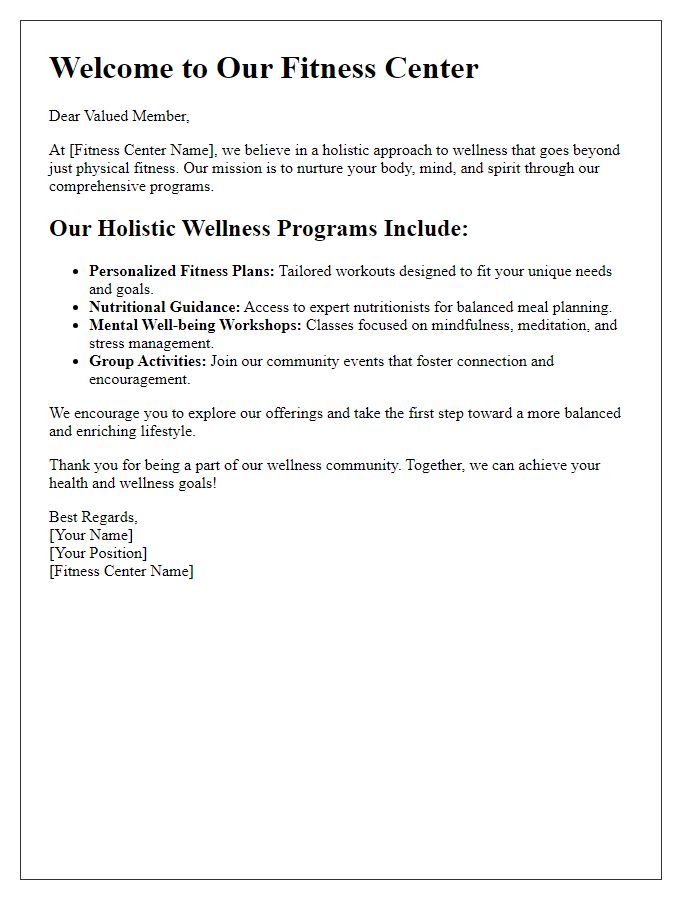 Letter template of fitness centers holistic approach to wellness.