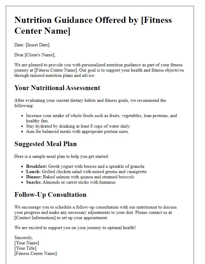 Letter template of nutrition guidance offered by fitness center.