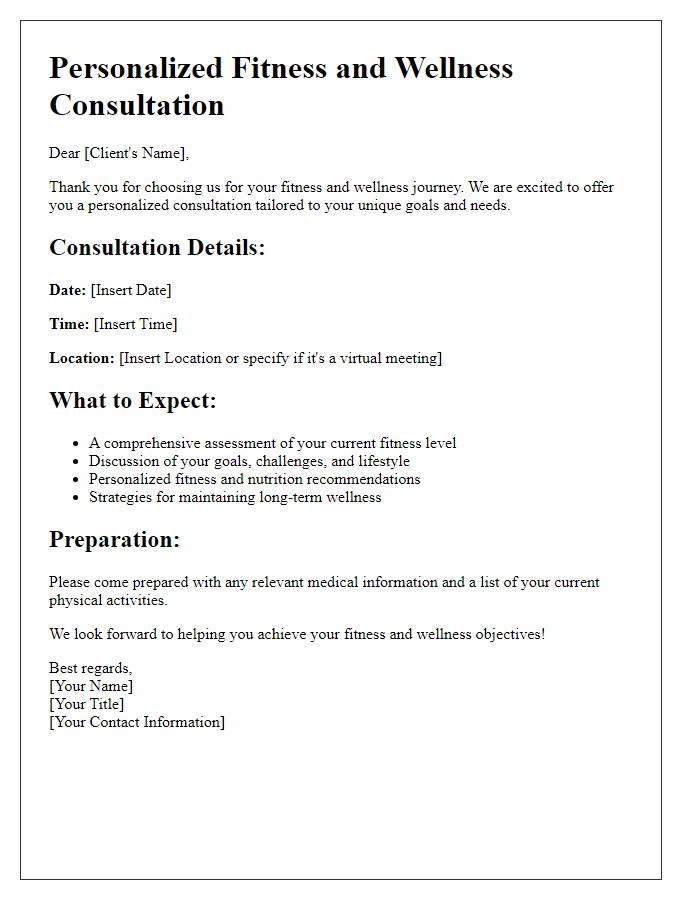 Letter template of personalized fitness and wellness consultation.