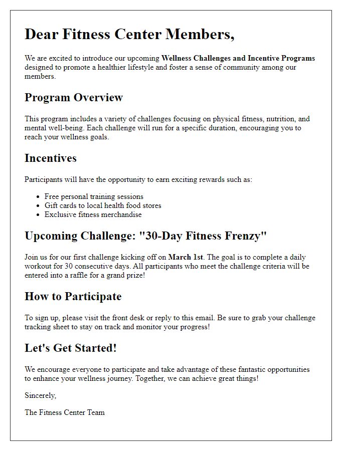 Letter template of wellness challenges and incentive programs at the fitness center.