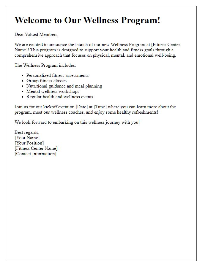 Letter template of wellness program introduction for fitness center.