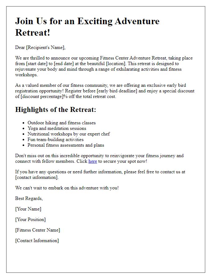 Letter template of early bird registration for our fitness center adventure retreat