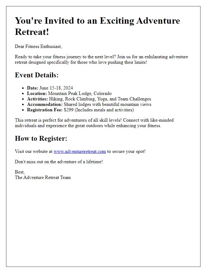 Letter template of exciting adventure retreat invitation for fitness enthusiasts