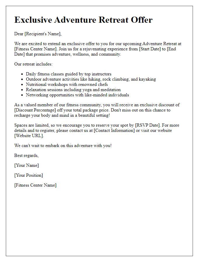 Letter template of exclusive fitness center adventure retreat offer