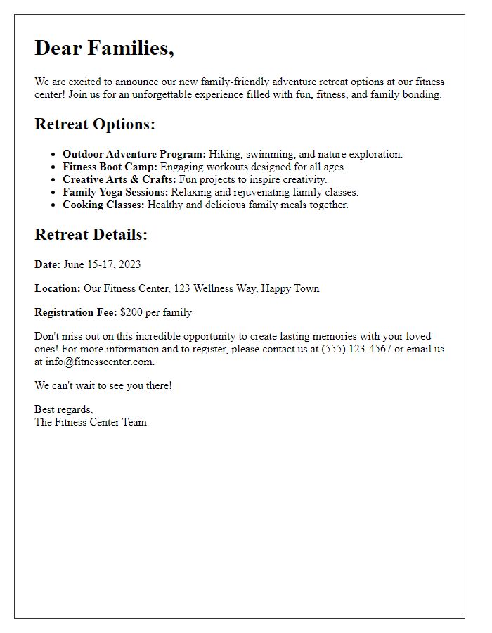 Letter template of family-friendly adventure retreat options at our fitness center