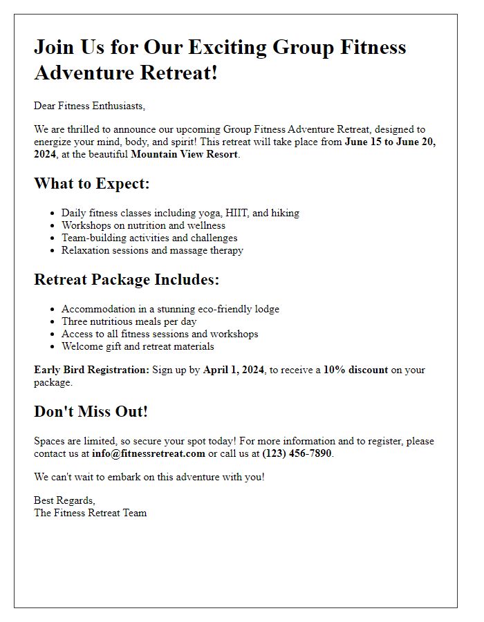 Letter template of group fitness adventure retreat package announcement