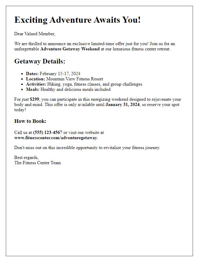 Letter template of limited-time fitness center adventure getaway promotion