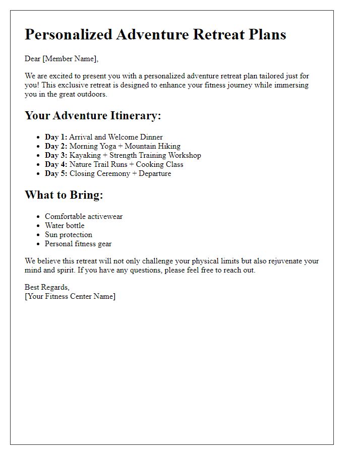 Letter template of personalized adventure retreat plans for fitness members