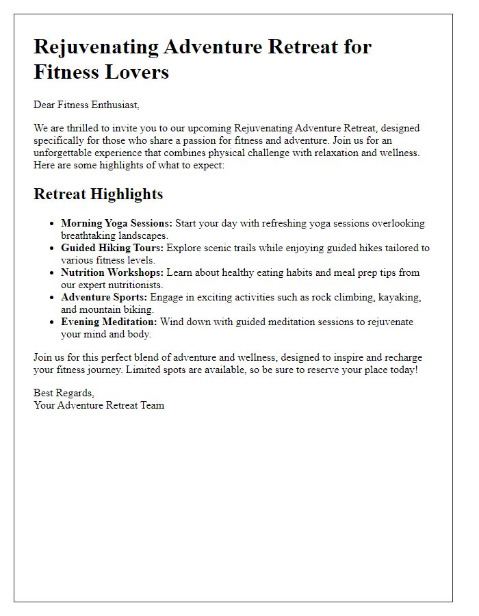 Letter template of rejuvenating adventure retreat highlights designed for fitness lovers