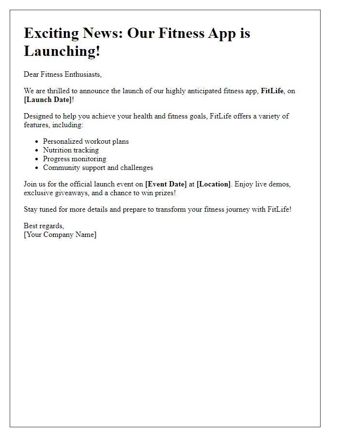 Letter template of announcement for fitness app launch