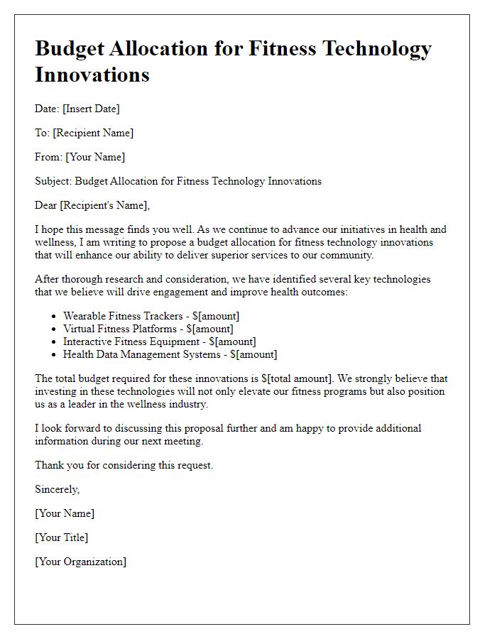 Letter template of budget allocation for fitness technology innovations