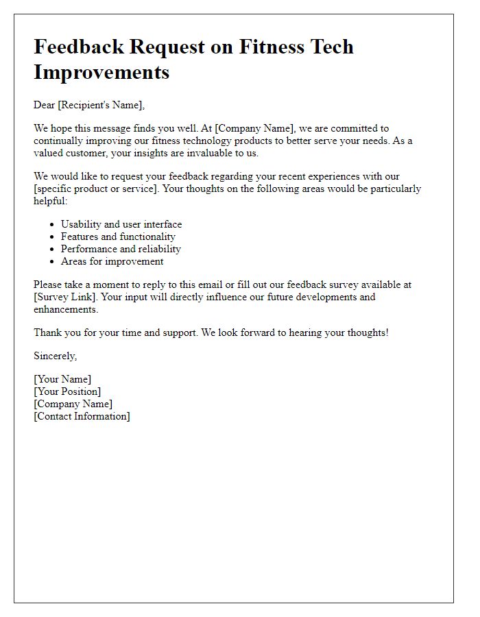 Letter template of feedback request on fitness tech improvements