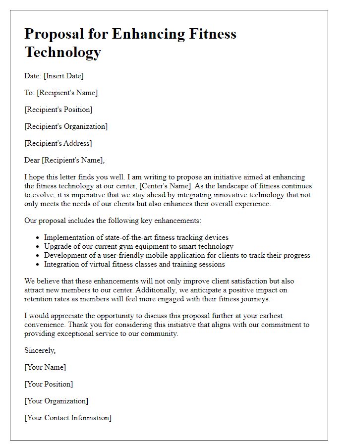 Letter template of proposal for enhancing fitness technology in our center
