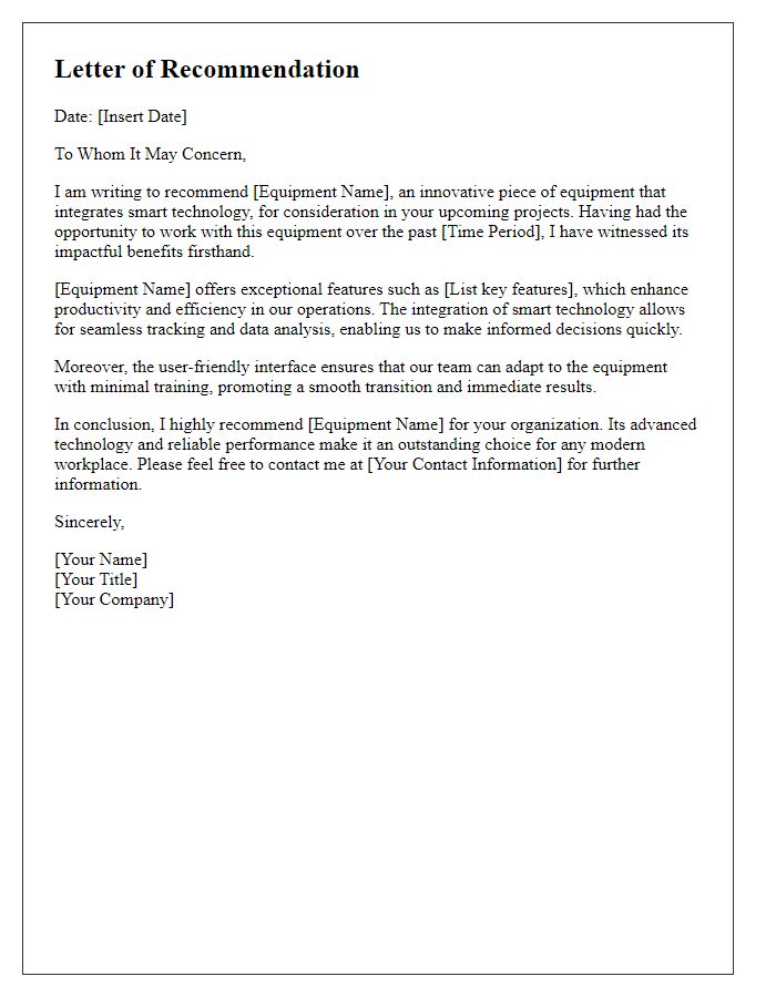 Letter template of recommendation for new equipment integrating smart technology