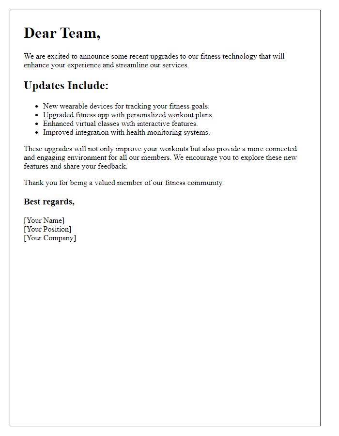 Letter template of update on fitness technology upgrades