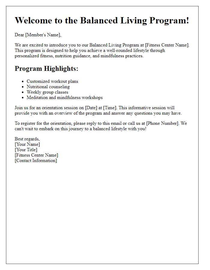 Letter template of fitness center balanced living program