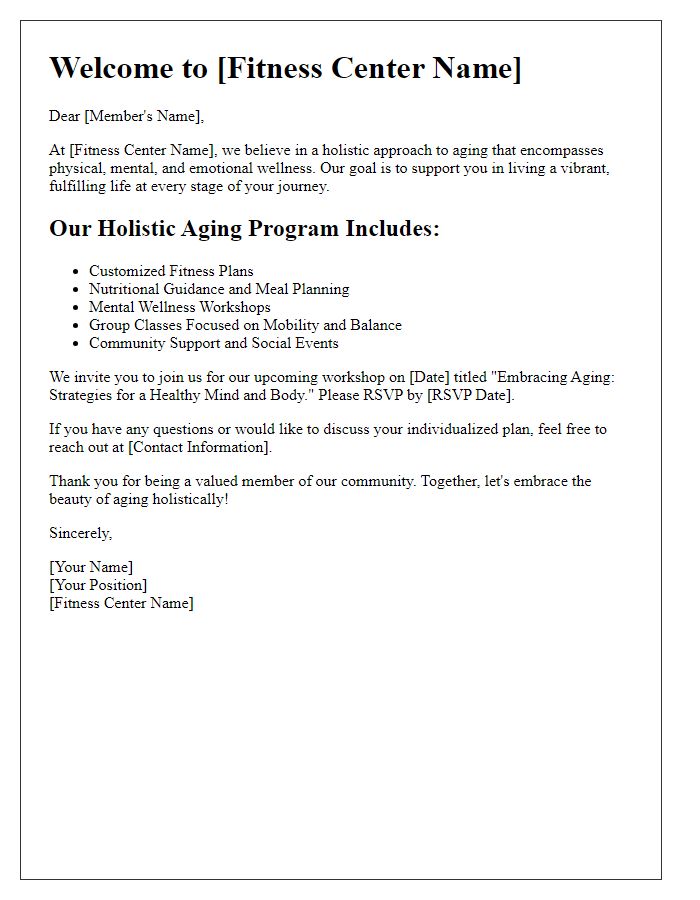 Letter template of fitness center holistic aging approach