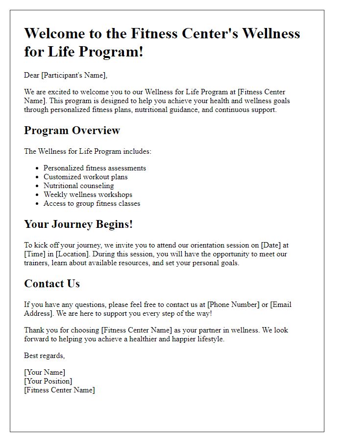 Letter template of fitness center wellness for life program