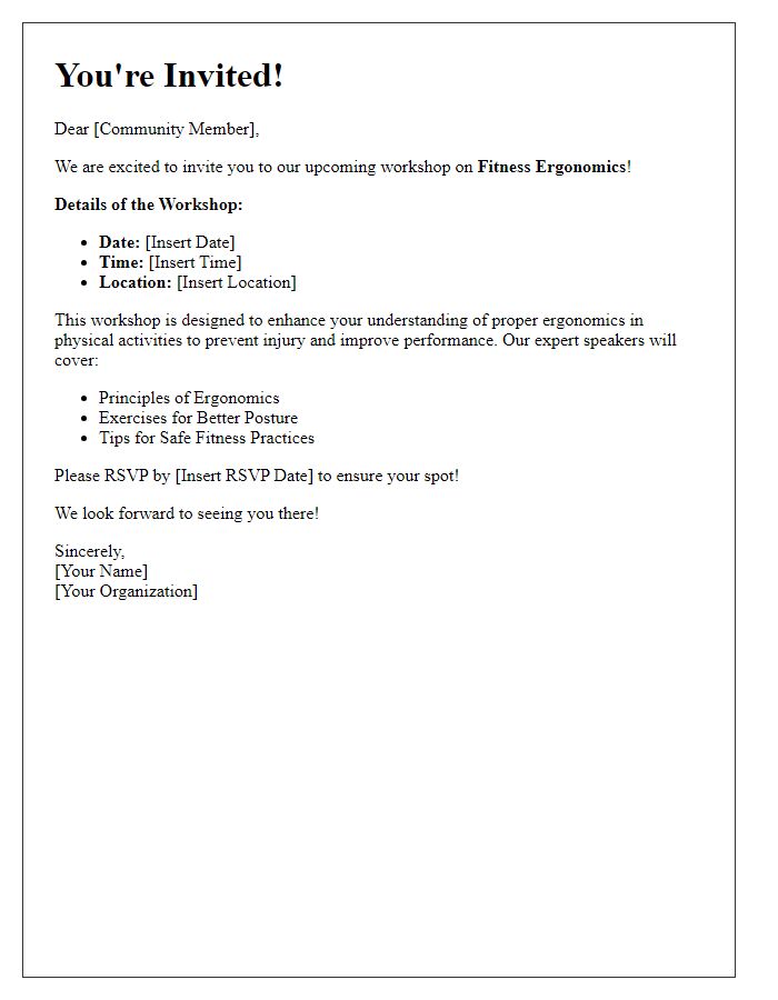 Letter template of community workshop invitation on fitness ergonomics.