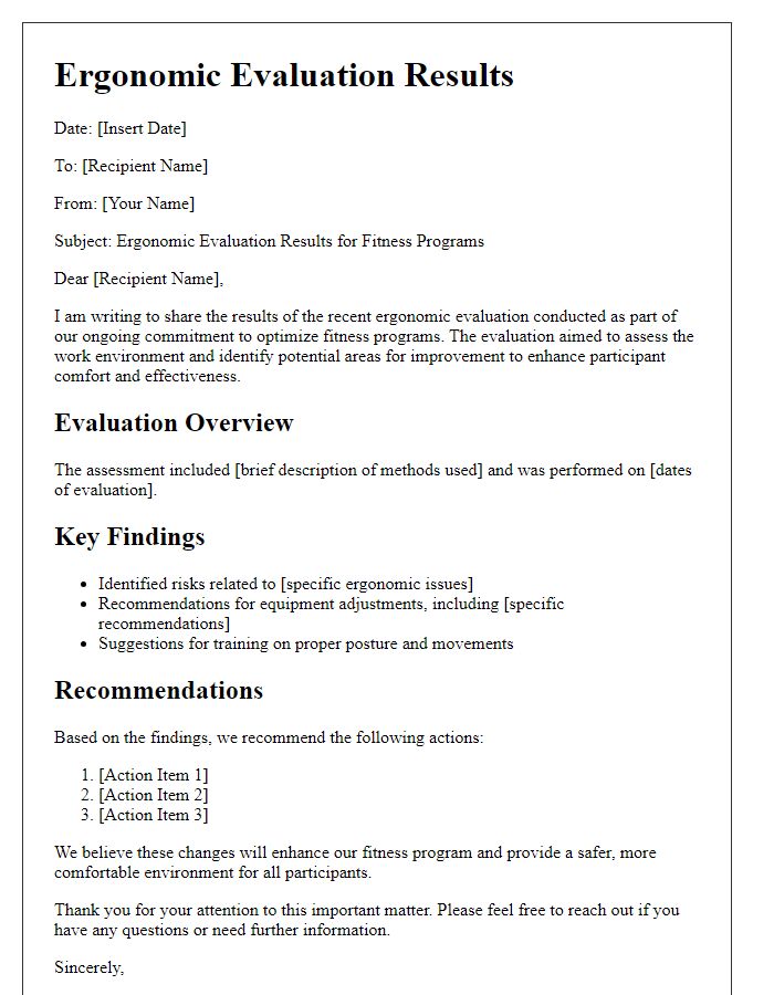 Letter template of ergonomic evaluation results for fitness programs.