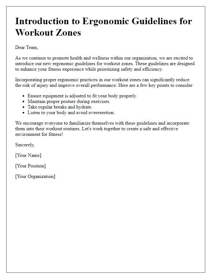 Letter template of ergonomic guideline introduction for workout zones.